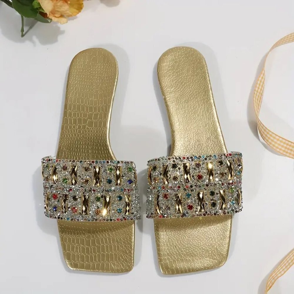 Travel Passions - Rhinestone Embellished Square Toe Slip On Sandal